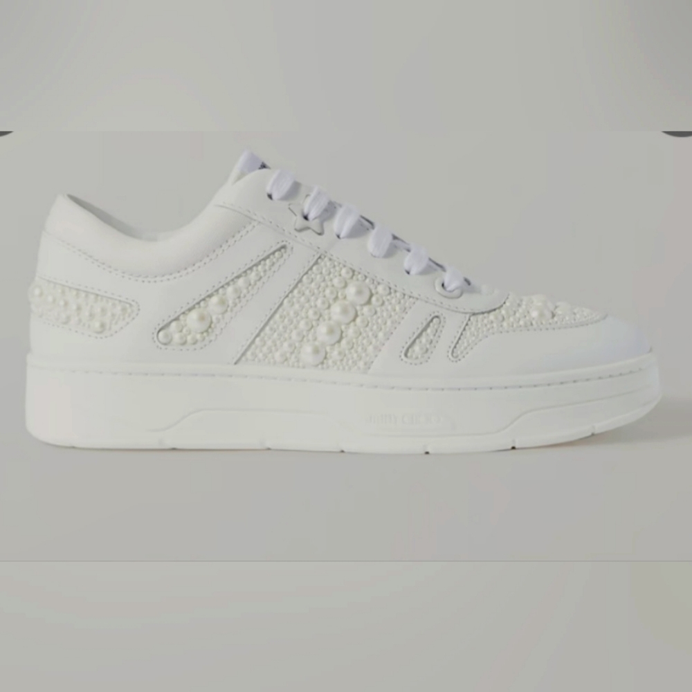Jimmy Choo White Pearl-Embellished Leather Sneakers